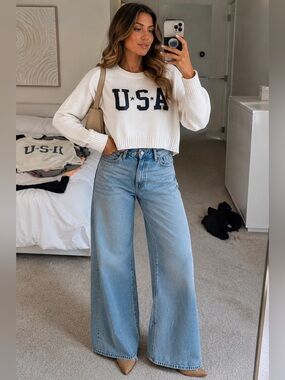 USA Flag Graphic Cropped Knit Sweater | Cozy Americana Chic